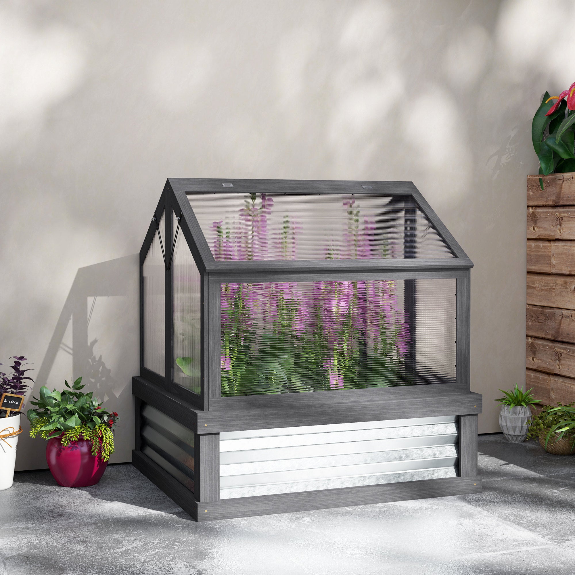 Raised Garden Flower Bed Kit with Greenhouse, Wooden Cold Frame Planter, 35.5" x 31.5" x 36"