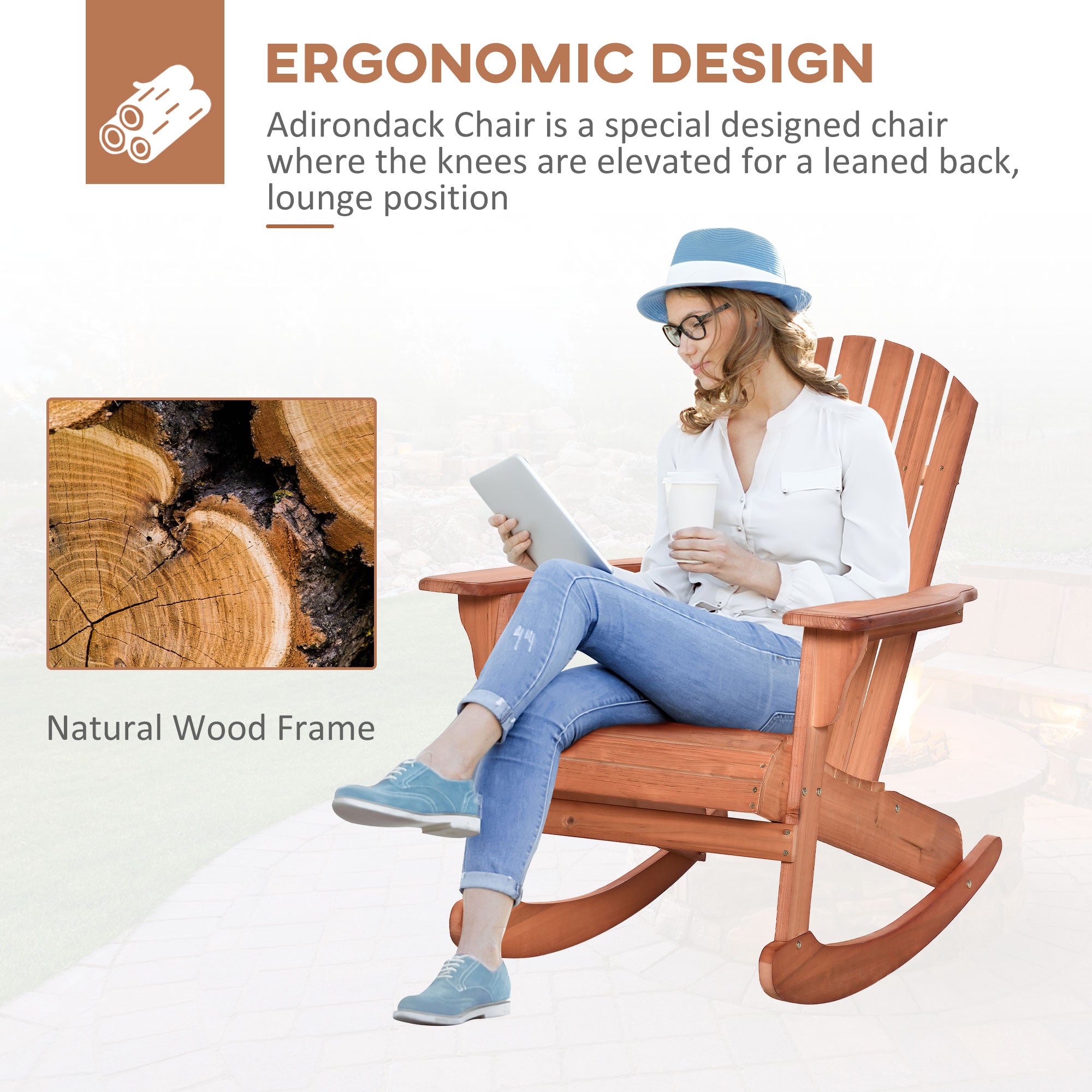 Wooden Adirondack Rocking Chair Outdoor Lounge Chair Fire Pit Seating with Slatted Wooden Design, Fanned Back