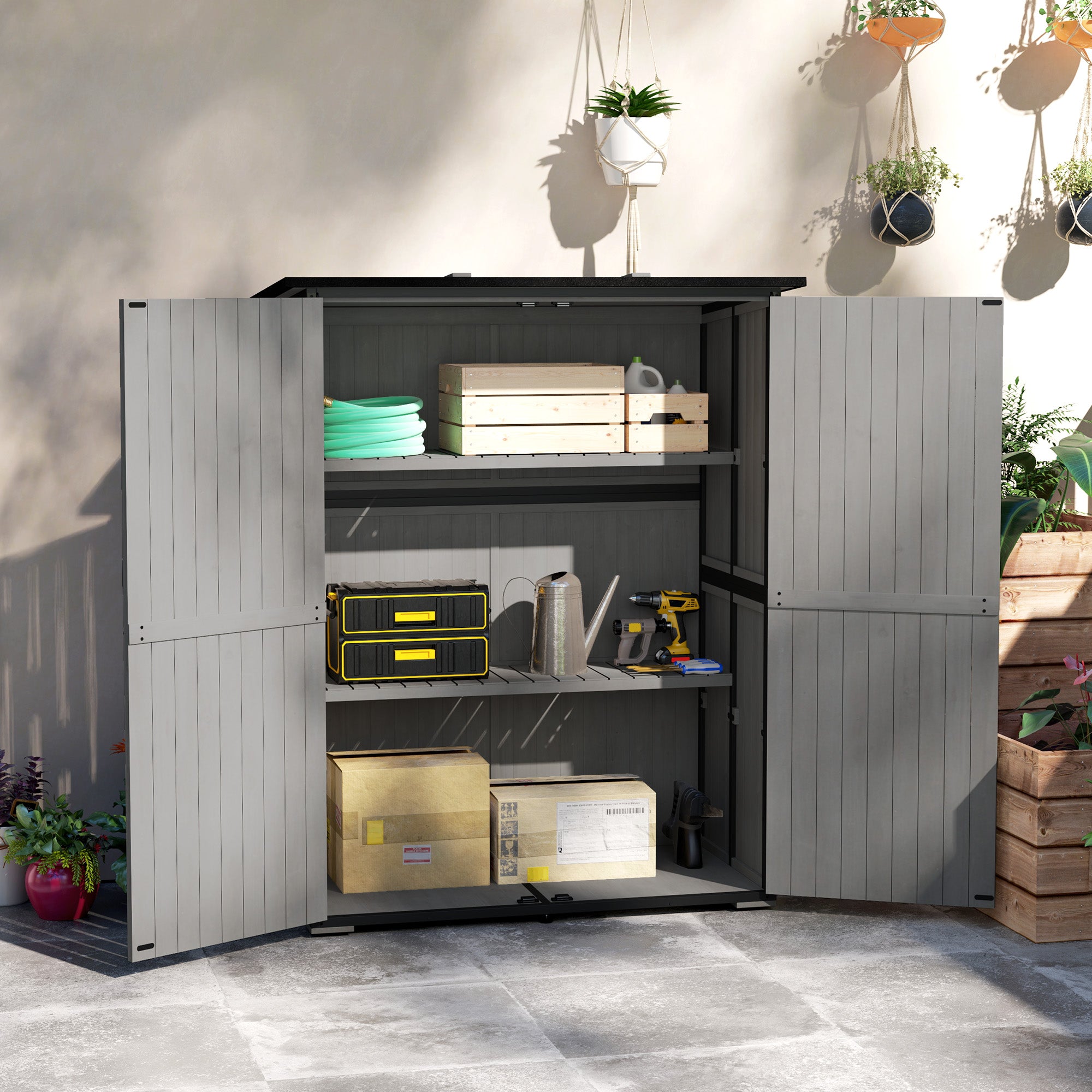 Wood Storage Shed, Outdoor Garden Shed with Asphalt Roof, 2 Shelves, Lockable Doors and Adjustable Feet