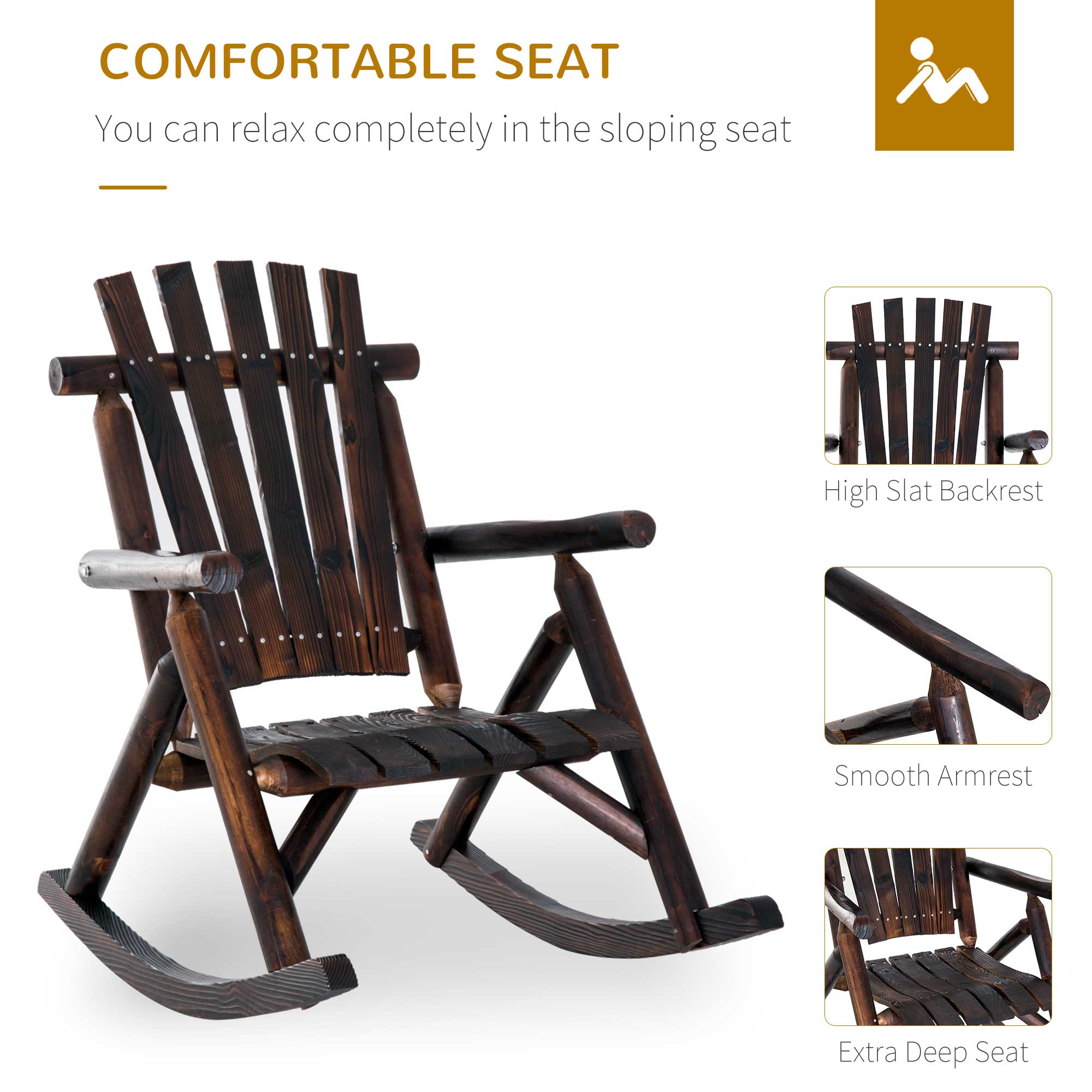 Outdoor Wooden Rocking Chair, Single-Person Rustic Adirondack Rocker with Slatted Seat, High Backrest, Armrests for Patio, Garden and Porch