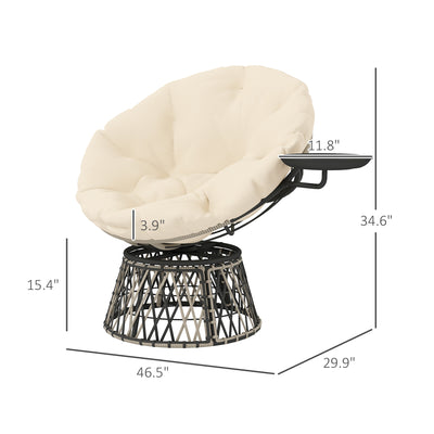 360° Swivel Outdoor Papasan Chair, 39" Overstuffed Circle Chair with Side Tray, Thick Cushion for Indoor Patio, Beige