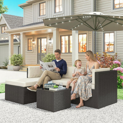 3 Piece Patio Furniture Set, Wicker Outdoor Patio Conversation Furniture Set with Cushions, Glass Top Table