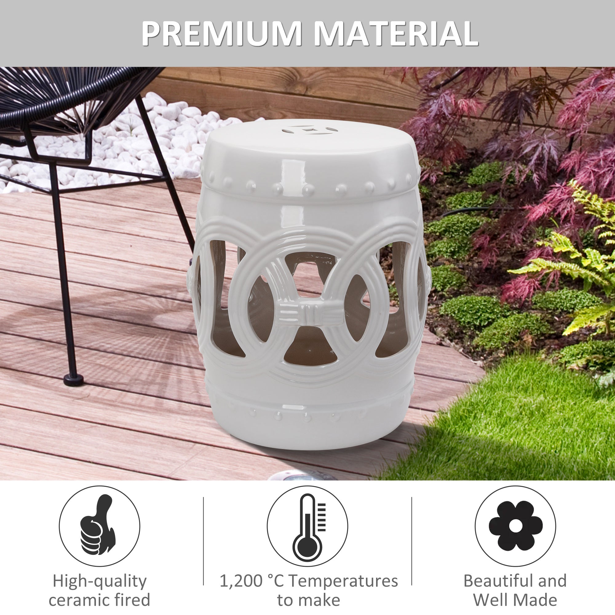 14" x 17" Ceramic Garden Stool with Double-Coin Knotted Ring Design & Strong Glazed Material, Decorative End Table, Home Collection