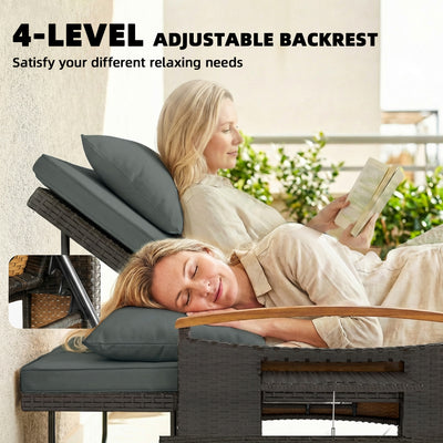 Rattan Outdoor Daybed w/4-Level Adjustable Backrest, Patio Sofa Bed w/Storage Ottoman, Acacia Wood Armrest