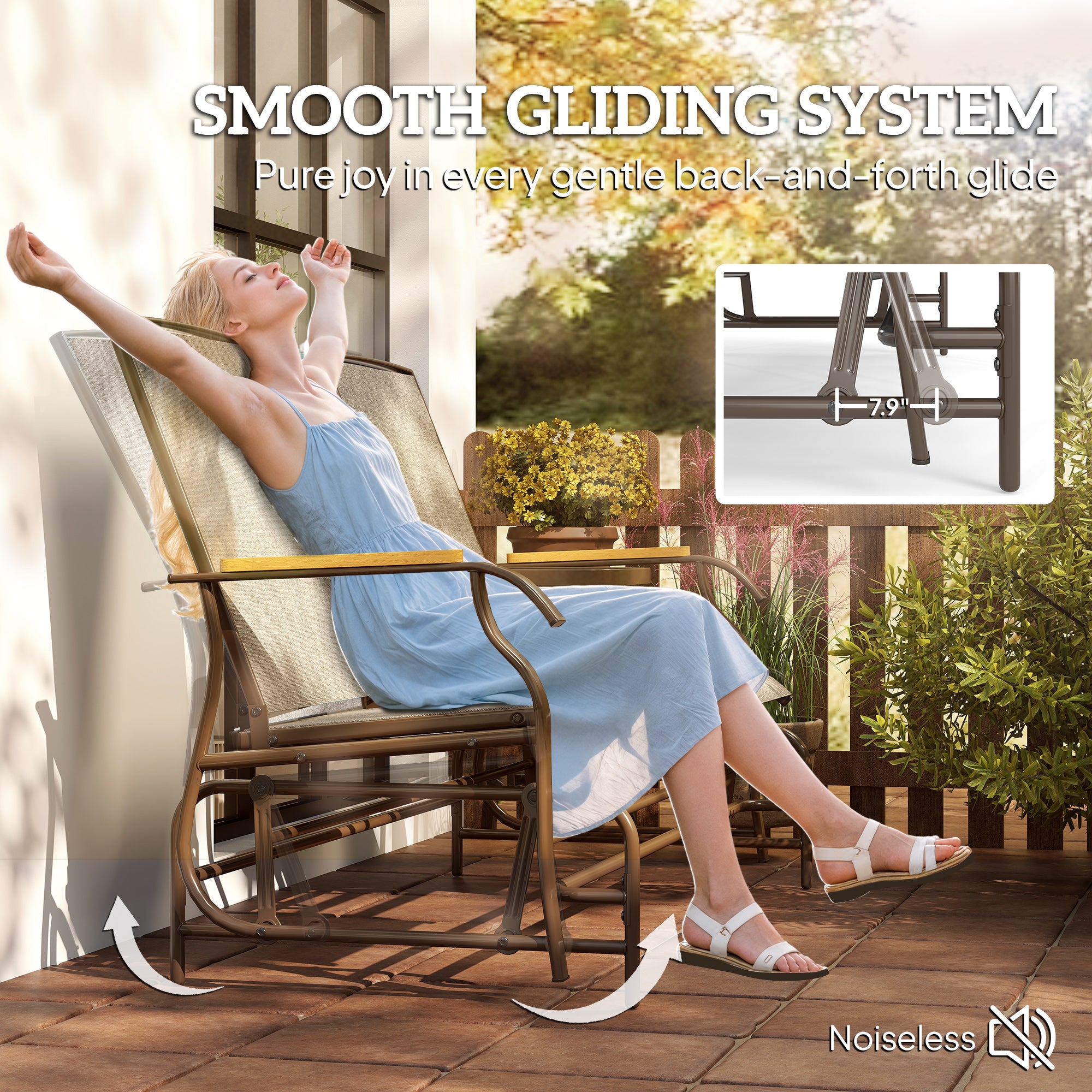 Outdoor 2-Person Glider Bench, Outside Glider Swing Chair Loveseat with Table, Steel Frame