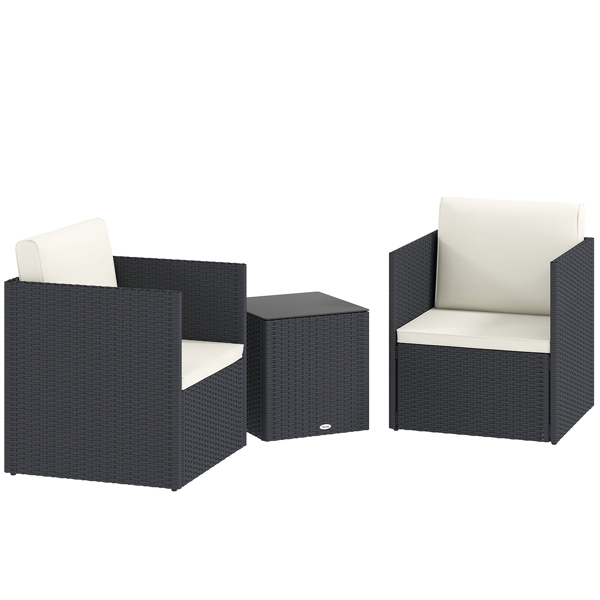 Folding Wicker Bistro Set, 3 Piece Patio Furniture Set with Cushions and Glass Coffee Table for Porch, Balcony