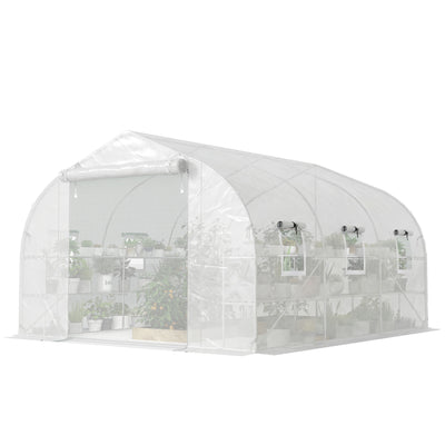 10'x11'x6' Walk-in Tunnel Greenhouse with Shelves, Mesh Door and Windows, Plant Hot House with PE Cover