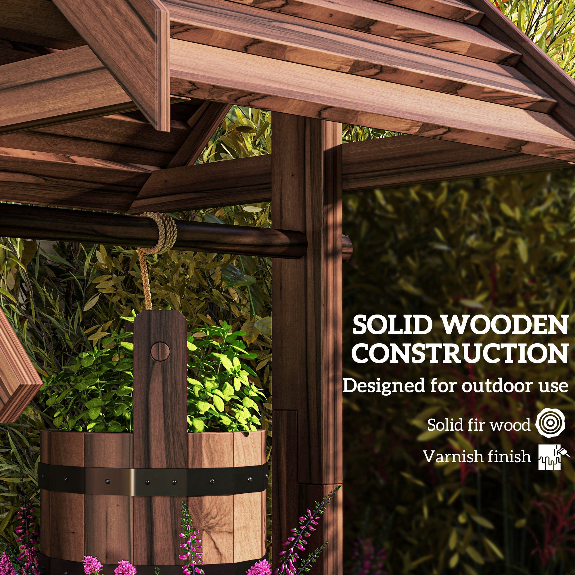 Wood Wishing Well for Outside with Hanging Bucket, Wishing Well Planter with Drain Hole for Garden Patio