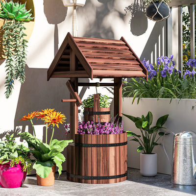 Wood Wishing Well for Outside with Hanging Bucket, Wishing Well Planter with Drain Hole for Garden Patio