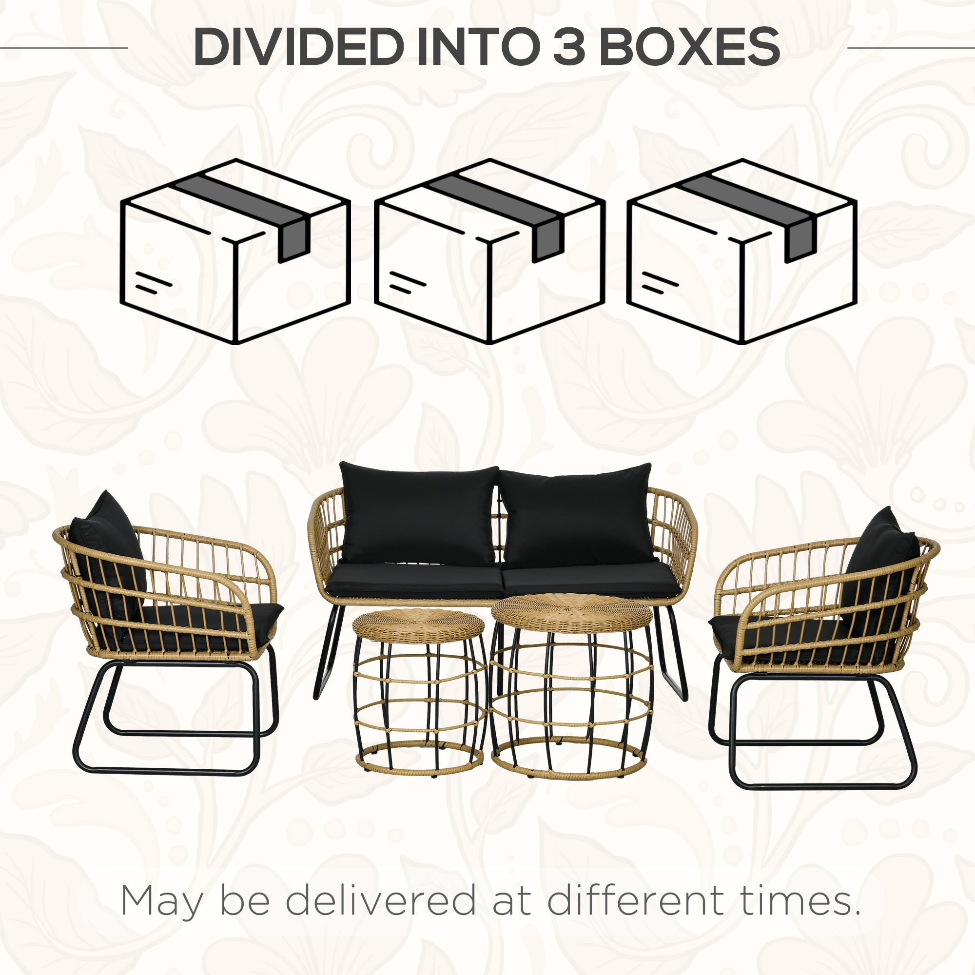 5 Piece PE Rattan Outdoor Furniture Set with Cushioned Chairs, Loveseat Sofa & Stackable Coffee Tables