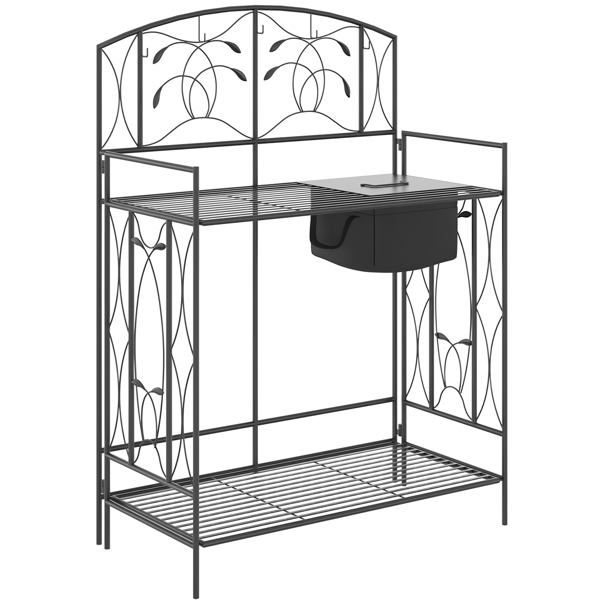 Folding Potting Bench Table, Metal Garden Workstation, Work Bench with Large Built-in Bag with Cover, 5 Hanging Hooks & Storage Shelf, Leaf Pattern