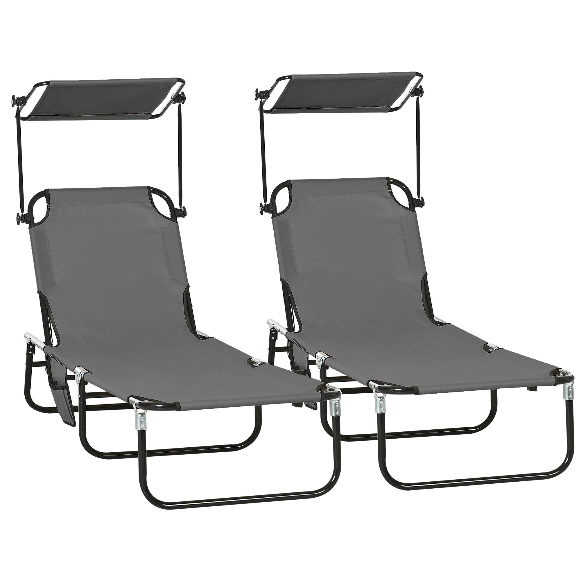 Chaise Pool Lounge Chairs Set of 2, Outdoor Sun Tanning Chairs, Reclining Back, Steel Frame and Side Pocket