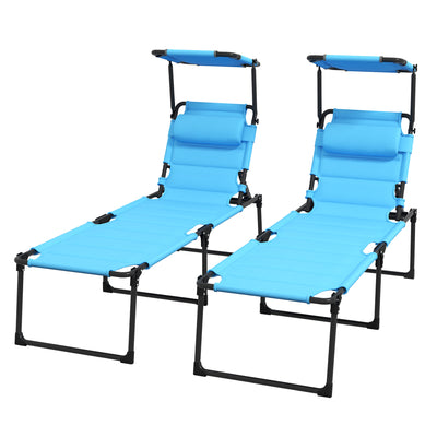 2 Pcs Outdoor Lounge Chair, 4 Position Adjustable Backrest, Folding, Cushioned w/ Sun Shade Roof & Pillow