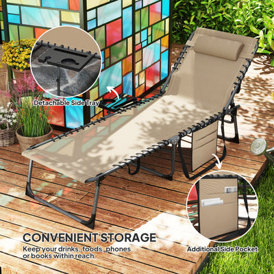 Folding Outdoor Chaise Lounge Chair Tanning Chair with 5-Level Adjustable Back, Side Table, Pillow, Pocket