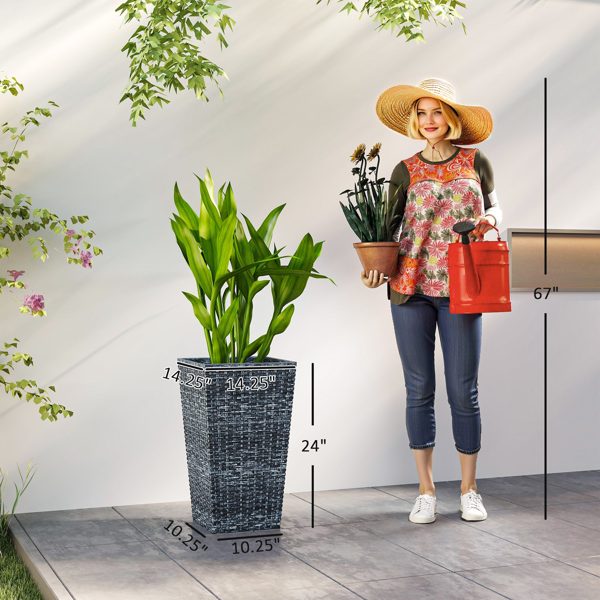 Tall Planters for Outdoor Plants Set of 3, 24 In Taper Planters with Drainage Holes, Rattan Decor Plant Pots for Indoor Outdoor Front Porch Patio Backyard, Gray