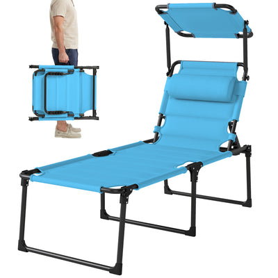 Outdoor Lounge Chair, 4 Position Adjustable Backrest, Folding, Cushioned w/ Sun Shade Roof & Pillow