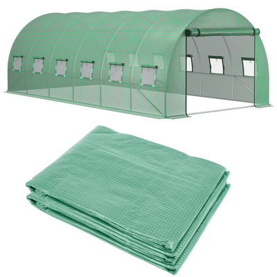 19.7' x 9.8' x 6.6' Plastic Greenhouse Cover Replacement, Heavy Duty Waterproof Tarp for Hoop House, Sheeting with 12 Windows, Door & Reinforcement Grid