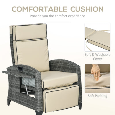 Outdoor Recliner Chair with Cushions, Reclining Patio Lounge Chair with Adjustable Footrest, Armrests, Tray Table