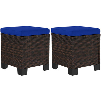 2 Piece Wicker Outdoor Ottomans with Cushions, Rattan Ottoman Footrest and Side Table for Patio, Yard, Poolside