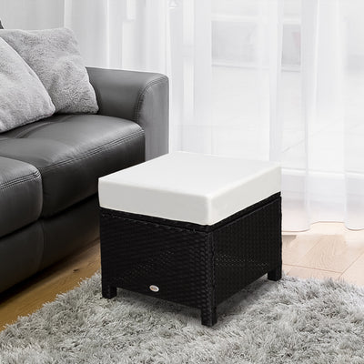 20" Patio Wicker Ottoman, Multipurpose Outdoor PE Rattan Footrest, Additional Seating, Side Table with Soft Cushion, Black, Cream White