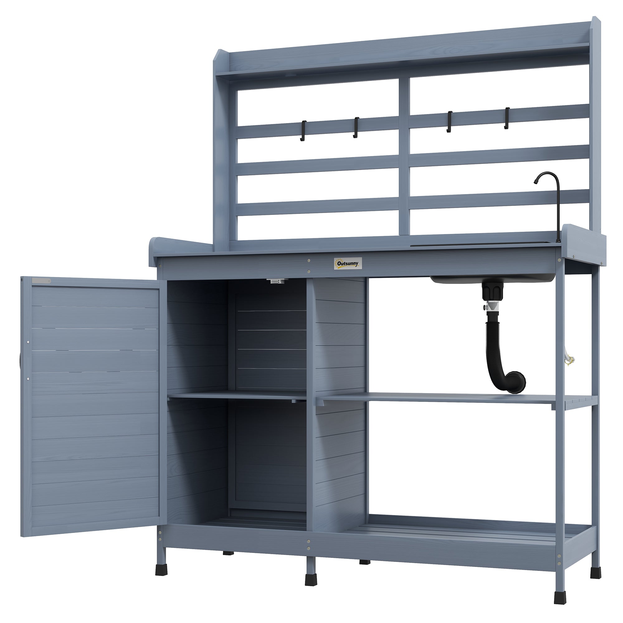 Wooden Potting Bench with Storage, Sink, Water Tap for Backyard, Patio, Balcony