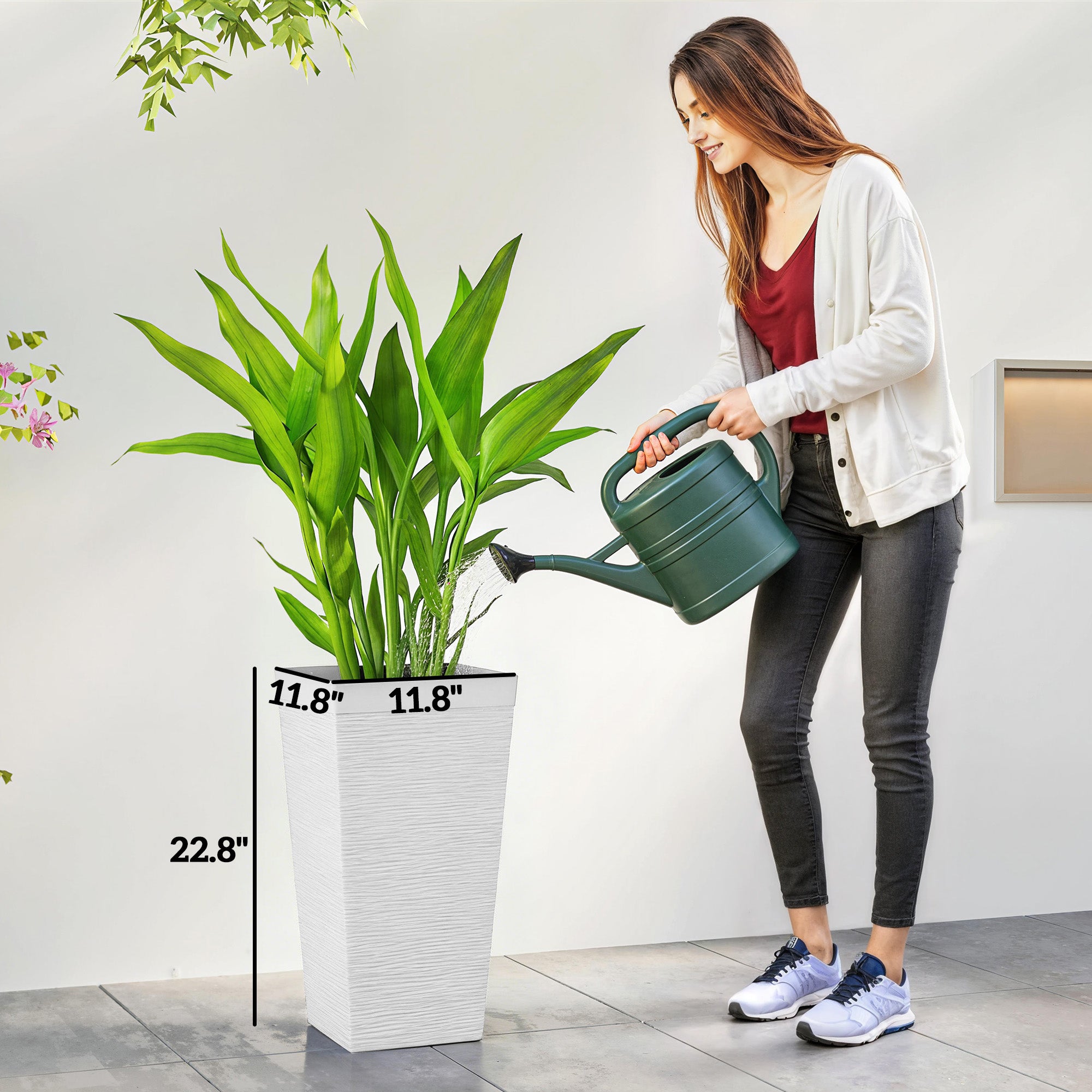 22.8 Inch Set of 3 Outdoor Planters with Stone Finish and Wheels, Stackable Tapered Planters with Drainage Hole