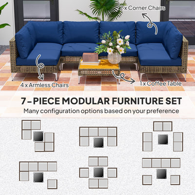 7 Piece Wicker Patio Furniture Set, Modular Outdoor Sectional with Thickened Cushions, Acacia Wood Table
