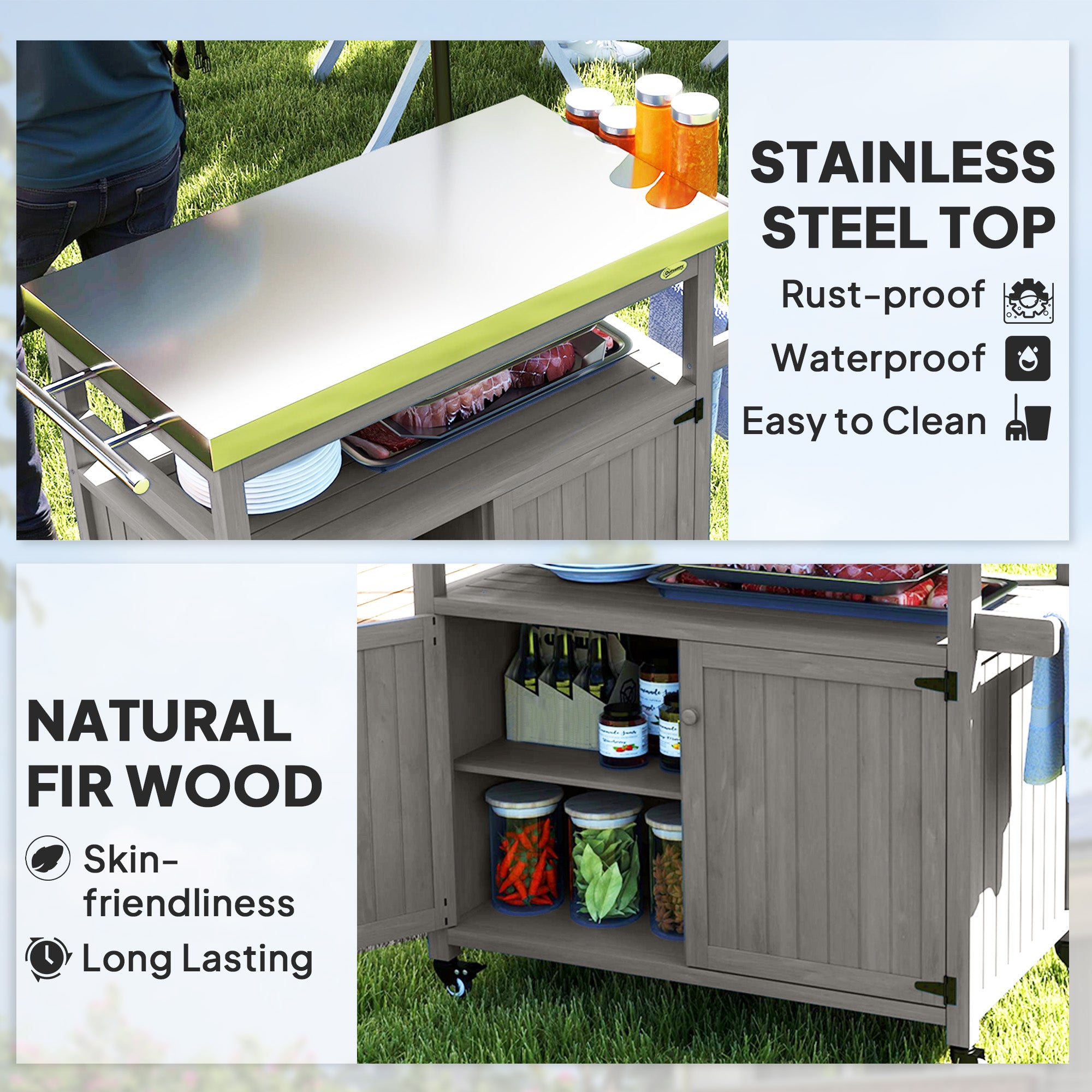 Outdoor Grill Cart w/ Stainless Steel Top, Solid Wood Outdoor Kitchen Island w/ Wheels, Storage Cabinets