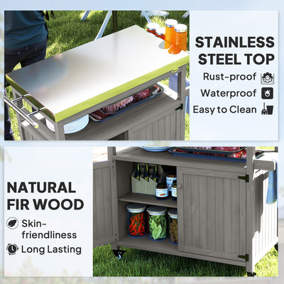 Outdoor Grill Cart w/ Stainless Steel Top, Solid Wood Outdoor Kitchen Island w/ Wheels, Storage Cabinets