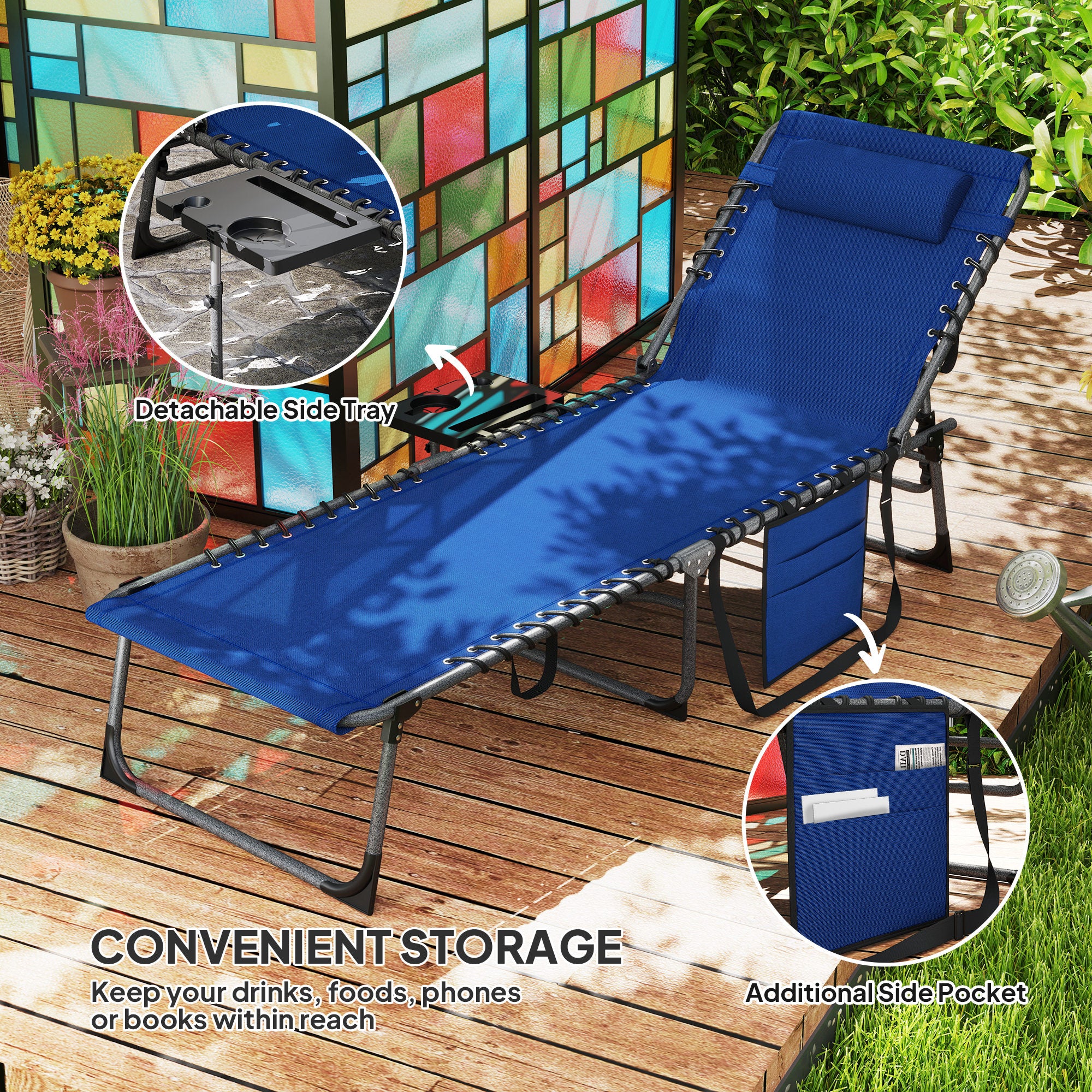 Folding Outdoor Chaise Lounge Chair Tanning Chair with 5-Level Adjustable Back, Side Table, Pillow, Pocket