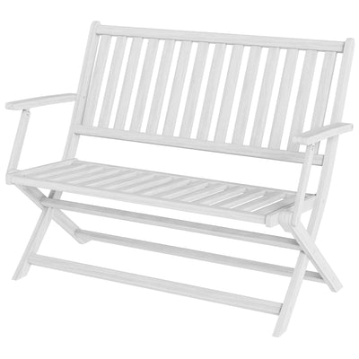 2-Person Foldable Wood Outdoor Bench with Backrest and Armrests for Garden, Porch, Park, Balcony, White