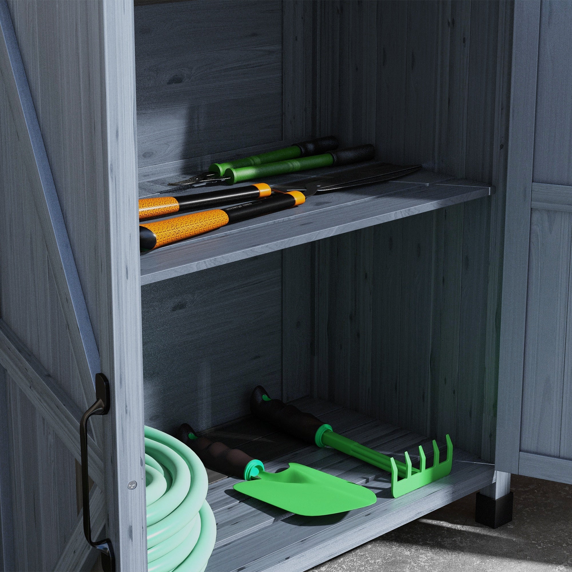 Outdoor Wooden Potting Bench with Storage Cabinet, Shelves, Galvanized Plated Tabletop for Backyard, Balcony