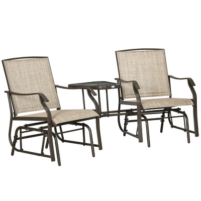 Outdoor Glider Chairs with Coffee Table, Patio 2-Seat Rocking Chair Swing Loveseat with Breathable Sling for Backyard, Garden, and Porch, Light Brown