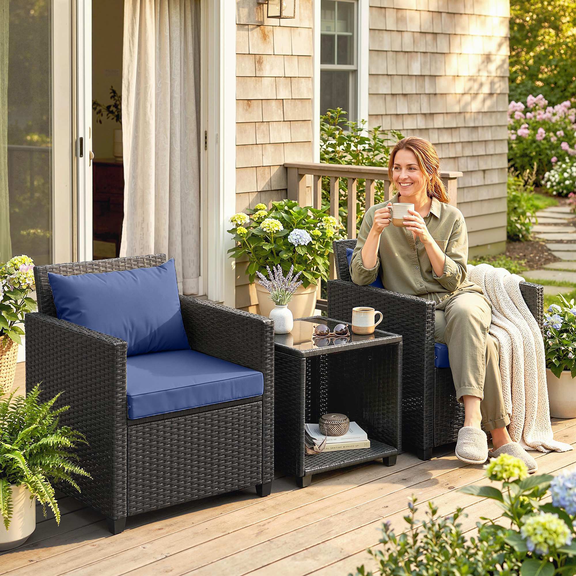 3 Piece Patio Bistro Set, Wicker Furniture Set with Thick Cushions, Glass Coffee Table and Chairs for Garden