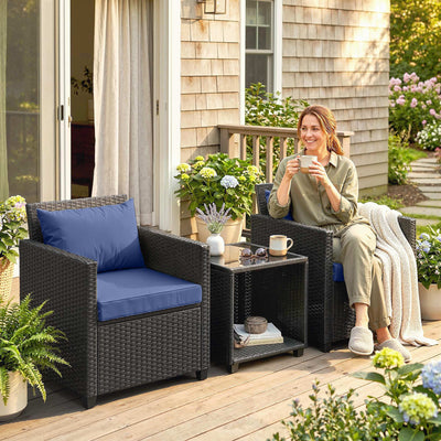 3 Piece Patio Bistro Set, Wicker Furniture Set with Thick Cushions, Glass Coffee Table and Chairs for Garden
