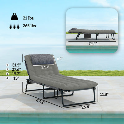 Folding Chaise Lounge Pool Chair with 4-level Reclining Back, Cushion, Side Pocket, Headrest