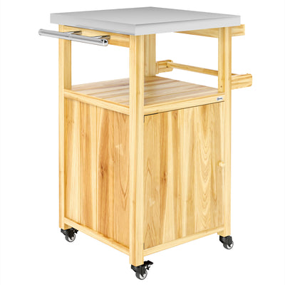 Outdoor Grill Cart w/ Stainless Steel Top, Solid Wood Outdoor Kitchen Island w/ Wheels, Integrated Hole