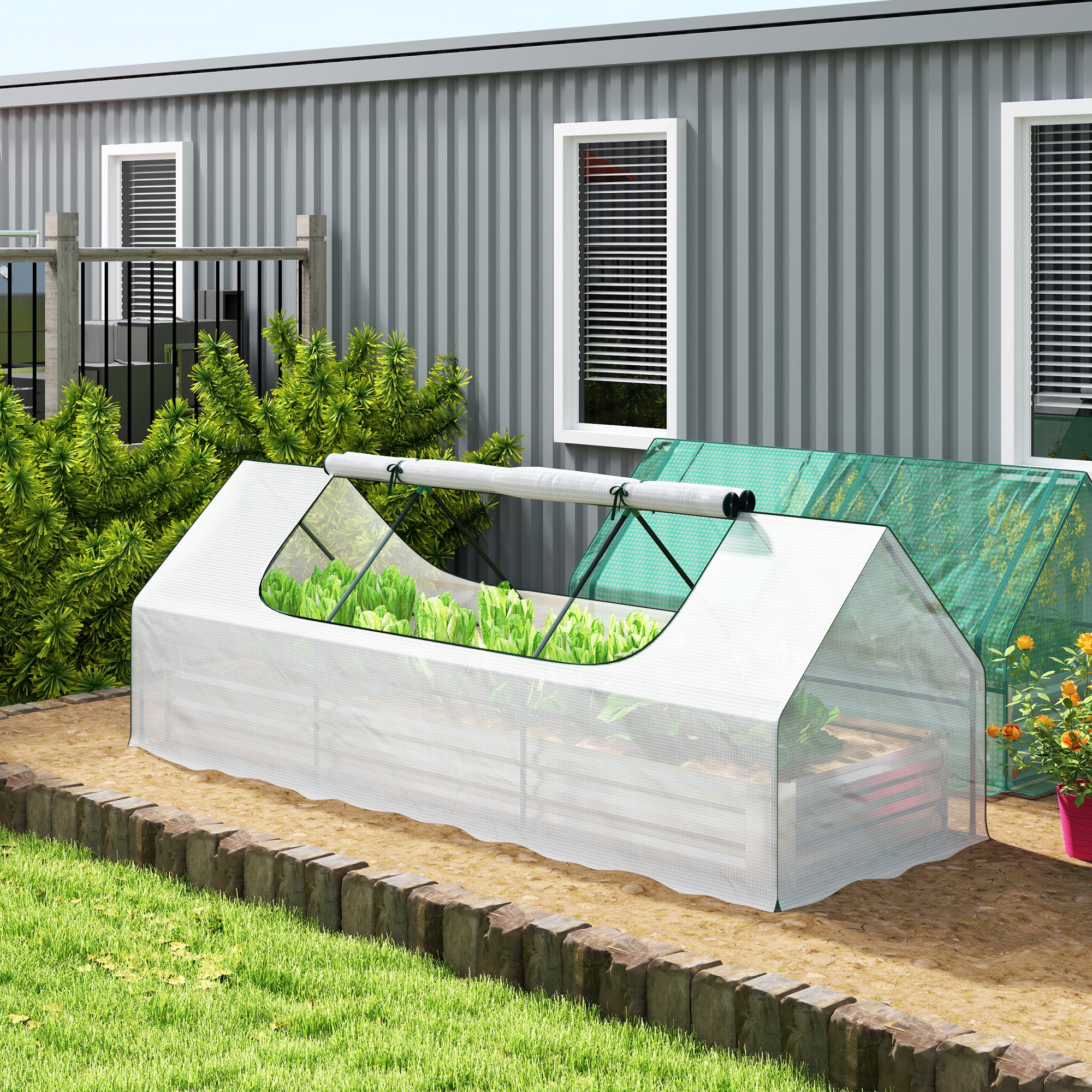 8.6 x 3 x 1ft Metal Planter Box with Mini Greenhouse, Galvanized Raised Garden Bed with Cover for Herbs and Vegetables, Small Greenhouse for Patio Garden Balcony