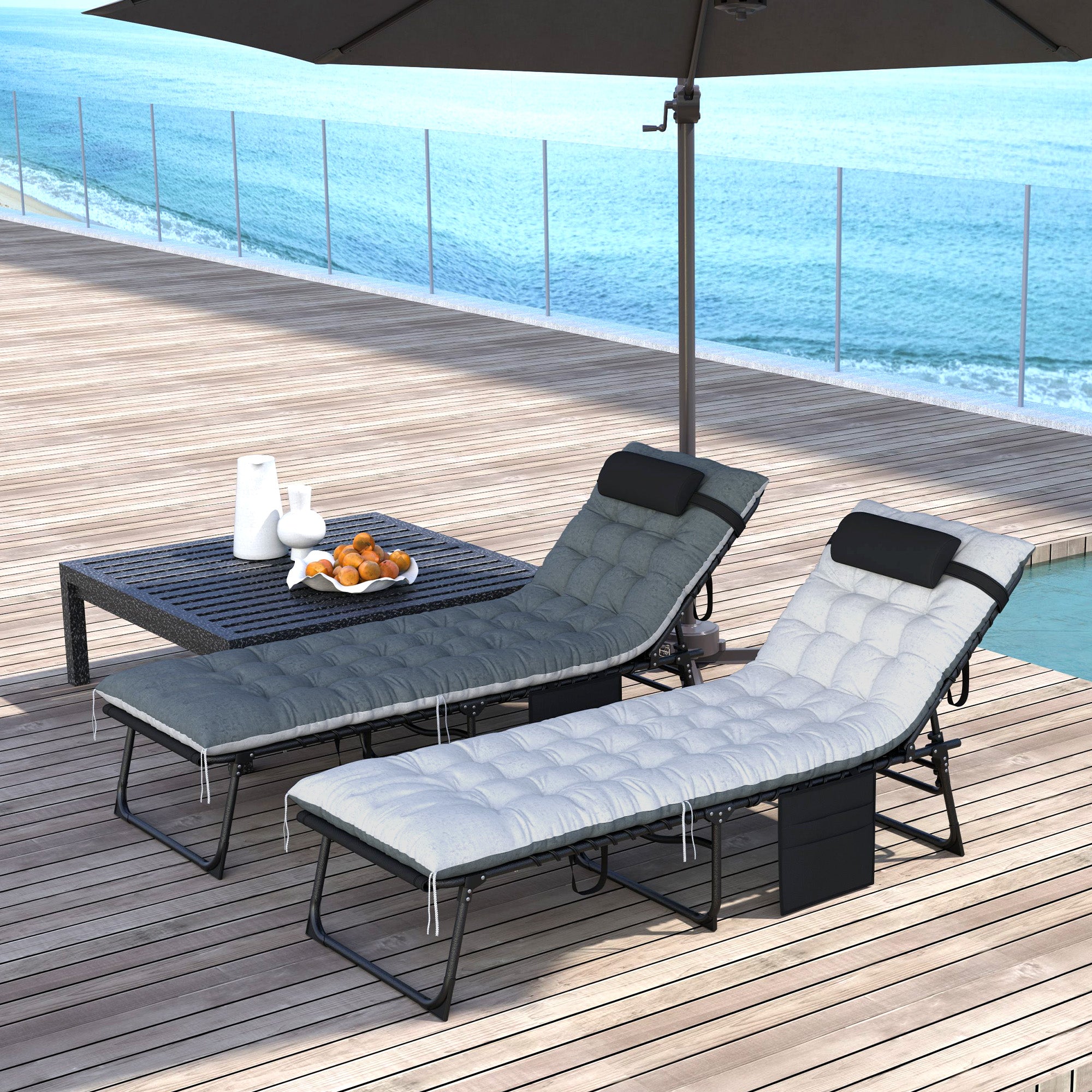 Outdoor Chaise Lounge Chair Set of 2, 5-Level Adjustable Folding Pool Lounge Chairs with Cushions