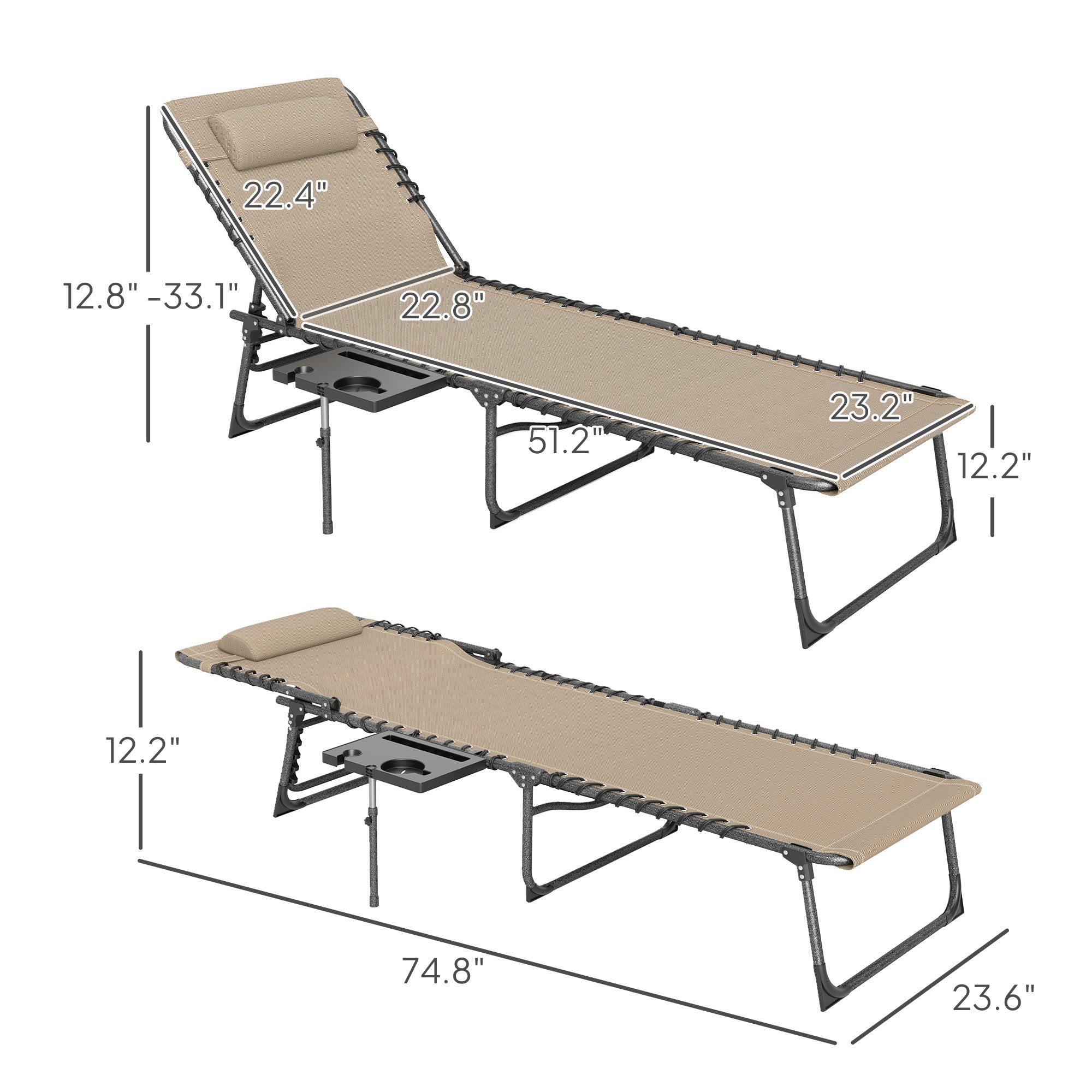 Folding Outdoor Chaise Lounge Chair Tanning Chair with 5-Level Adjustable Back, Side Table, Pillow, Pocket