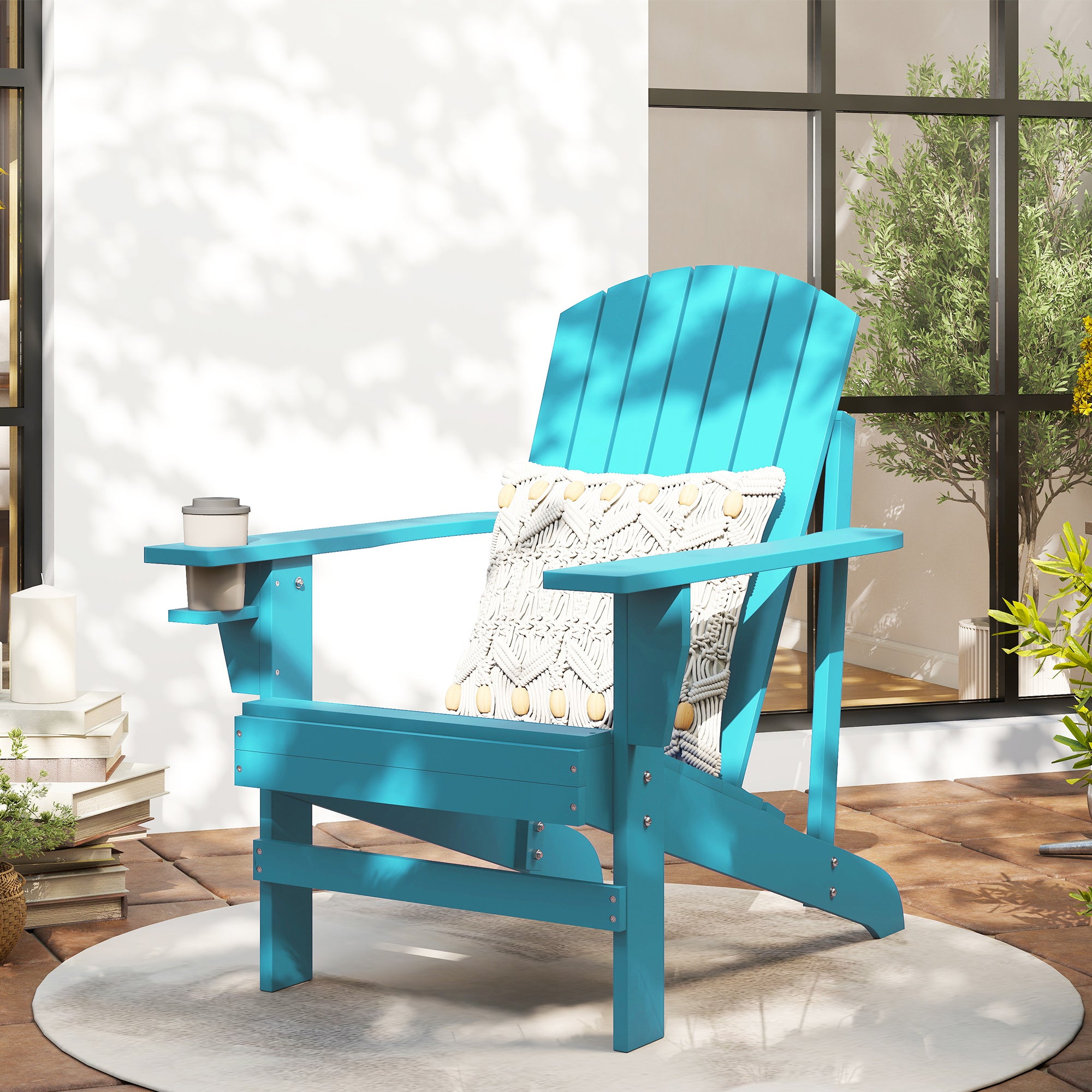 Oversized Adirondack Chair, Outdoor Fire Pit and Porch Seating, Classic Log Lounge w/ Built-in Cupholder