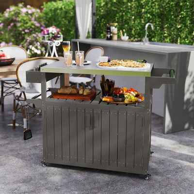 Outdoor Bar Cart with Storage, Stainless Steel Outdoor Bar Table Top, Wheeled HDPE Kitchen Island for Food Prep