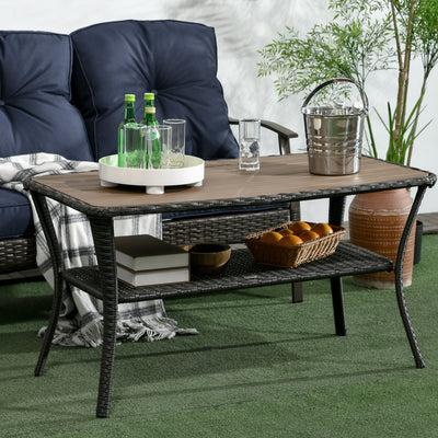 Outdoor Patio PE Rattan Coffee Table with Storage Shelf, Wicker Side Table with Wood-Plastic Composite Top, Mixed Brown