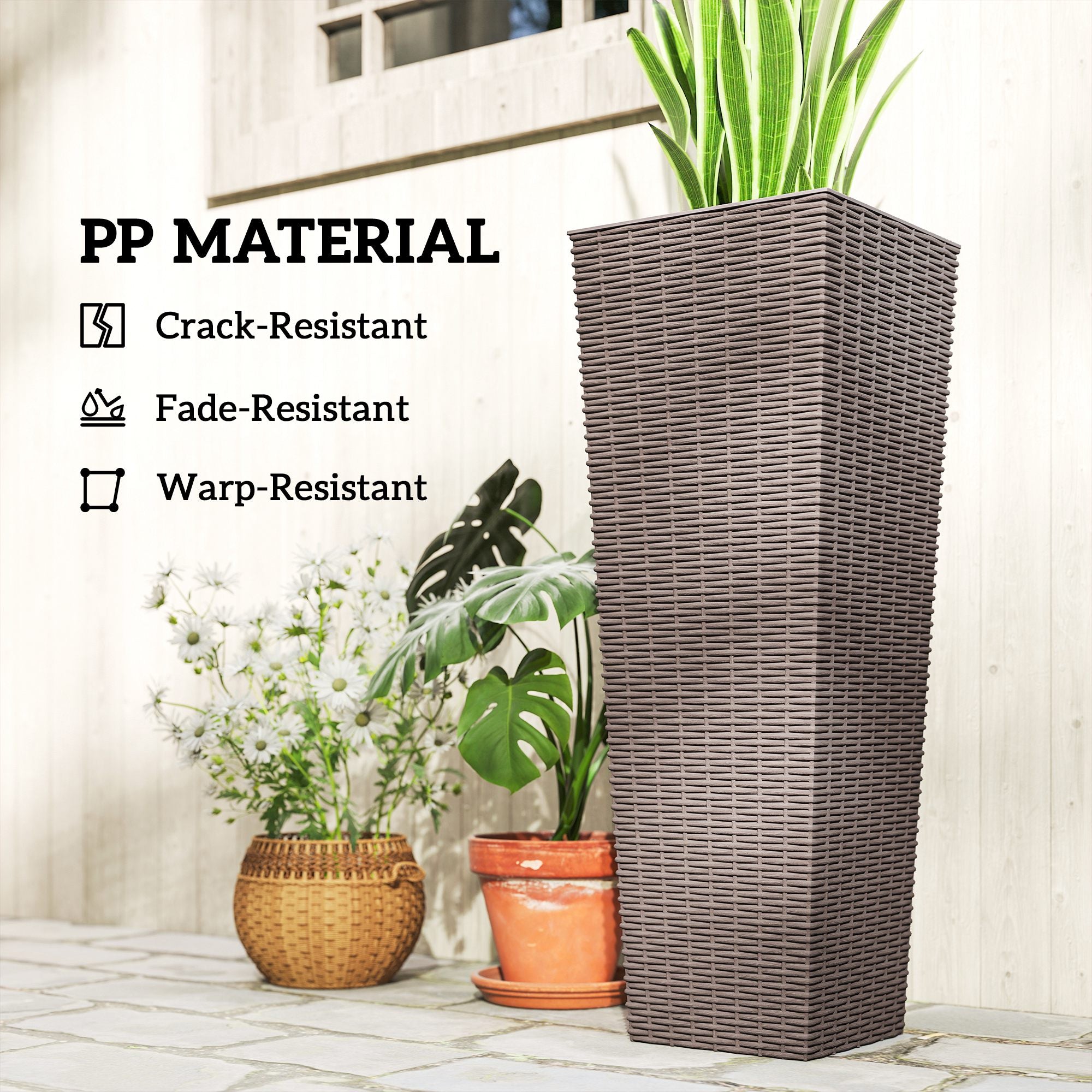 32 Inch Tall Planters for Outdoor Plants, Set of 2 Plastic Flower Pots with Drainage Holes, Brown