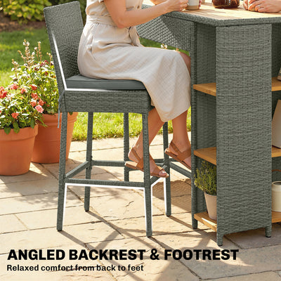 5 Piece Wicker Outdoor Bar Set, Acacia Wood Outdoor High Top Table and Chairs with 3 Tier Shelves, Cushions