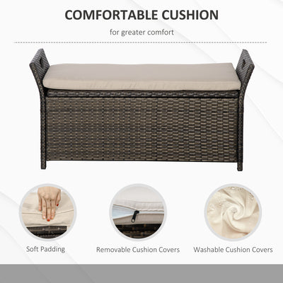 29 Gallon Patio Wicker Storage Bench, Outdoor PE Rattan Furniture, 2-In-1 Large Capacity Rectangle Garden Storage Box with Handles and Cushion