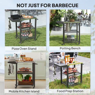 Three-Shelf Outdoor Grill Cart Table with Foldable Side Table, Stainless Steel Top Pizza Oven Stand with Hooks, Silver