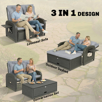 Patio Rattan Daybed, Wicker Outdoor Daybed with Storage Ottoman, Loveseat w/ Adjustable Backrest