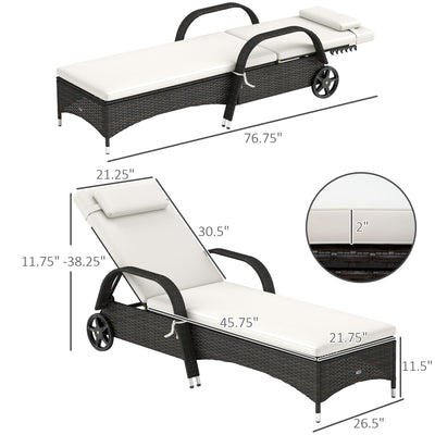 Outdoor Chaise Lounge, 5-Level Adjustable Backrest Rattan Pool Lounge Chair with Wheels, Cushion & Headrest