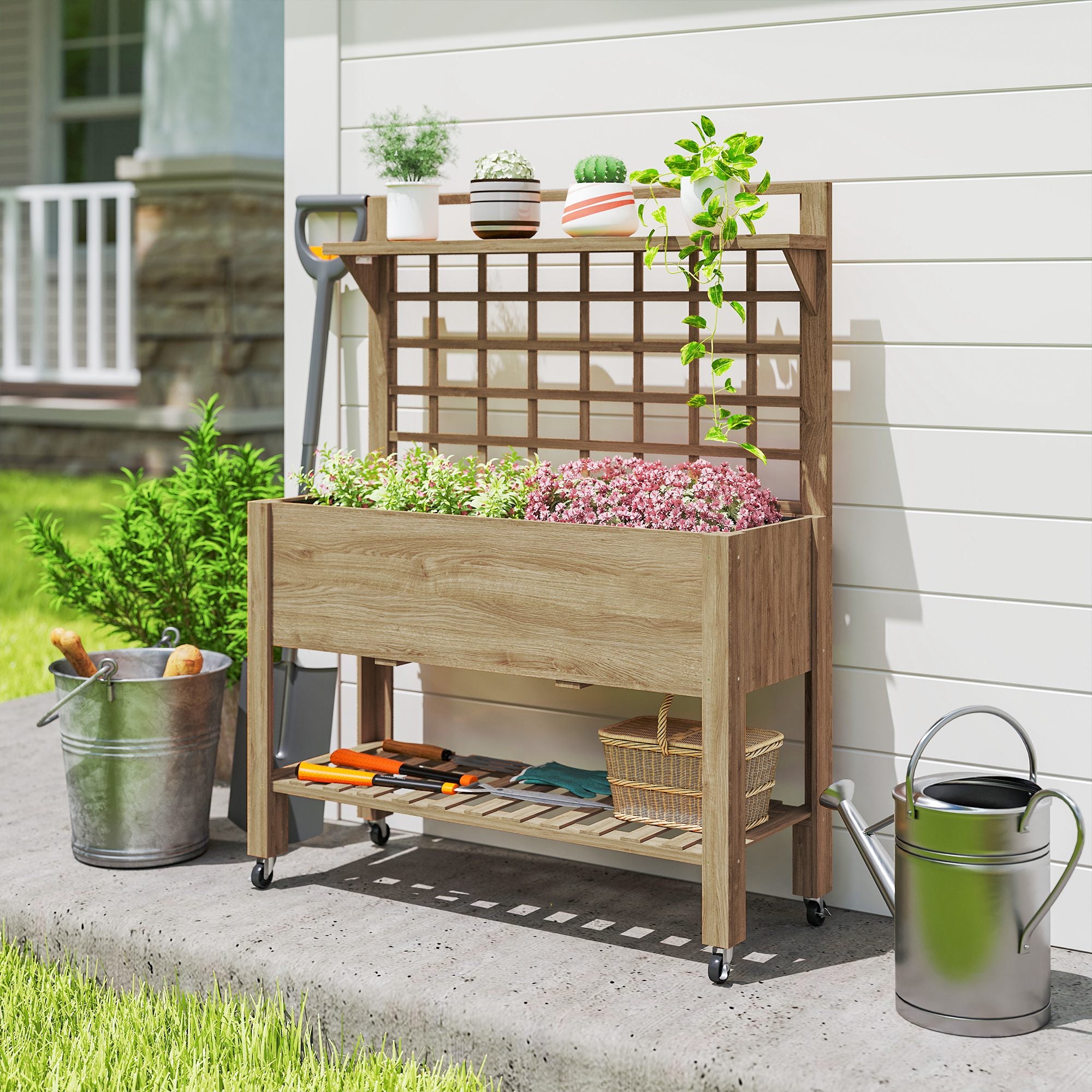 41" Raised Garden Bed Mobile Elevated Wooden Planter Box Stand with Wheels, Trellis and Storage Shelf